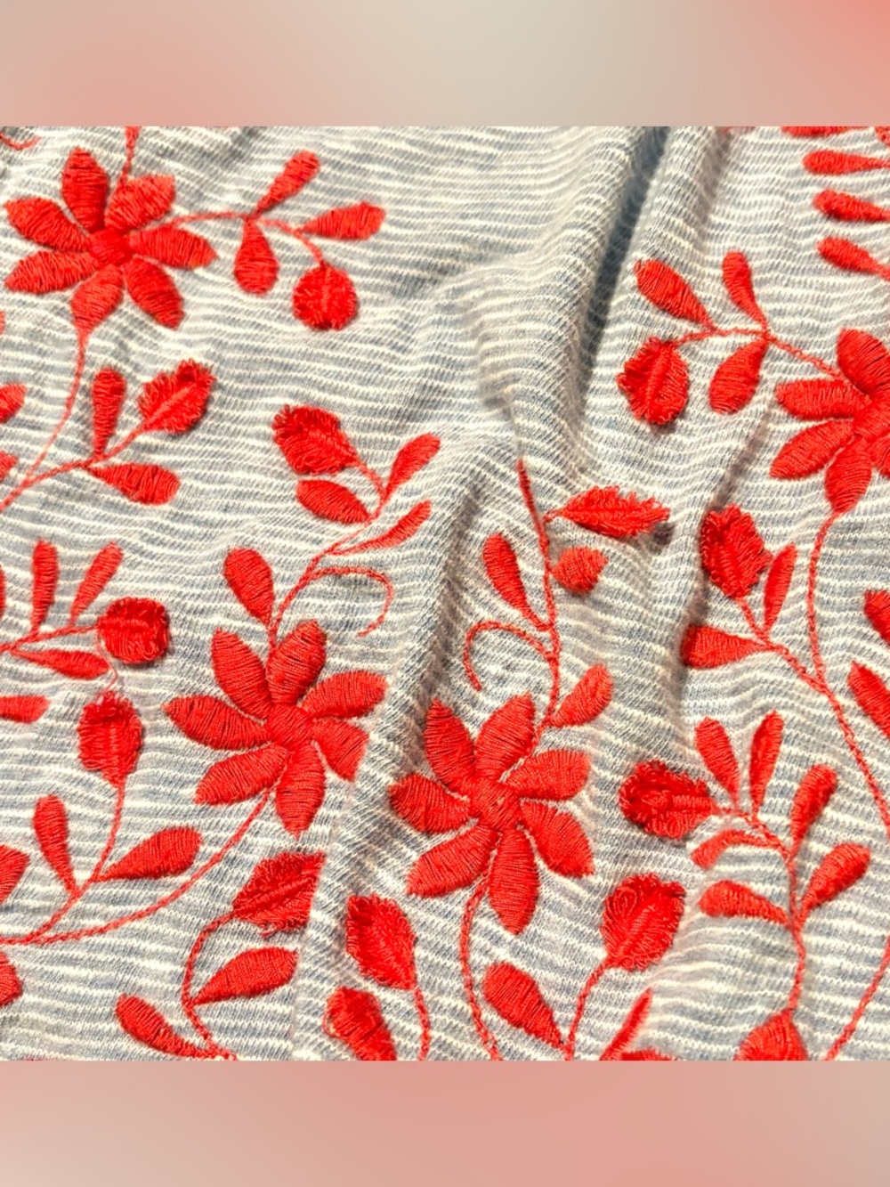 Talbots Light Blue Off-Shoulder Top with Coral Floral Embroidery - Picture 3 of 4